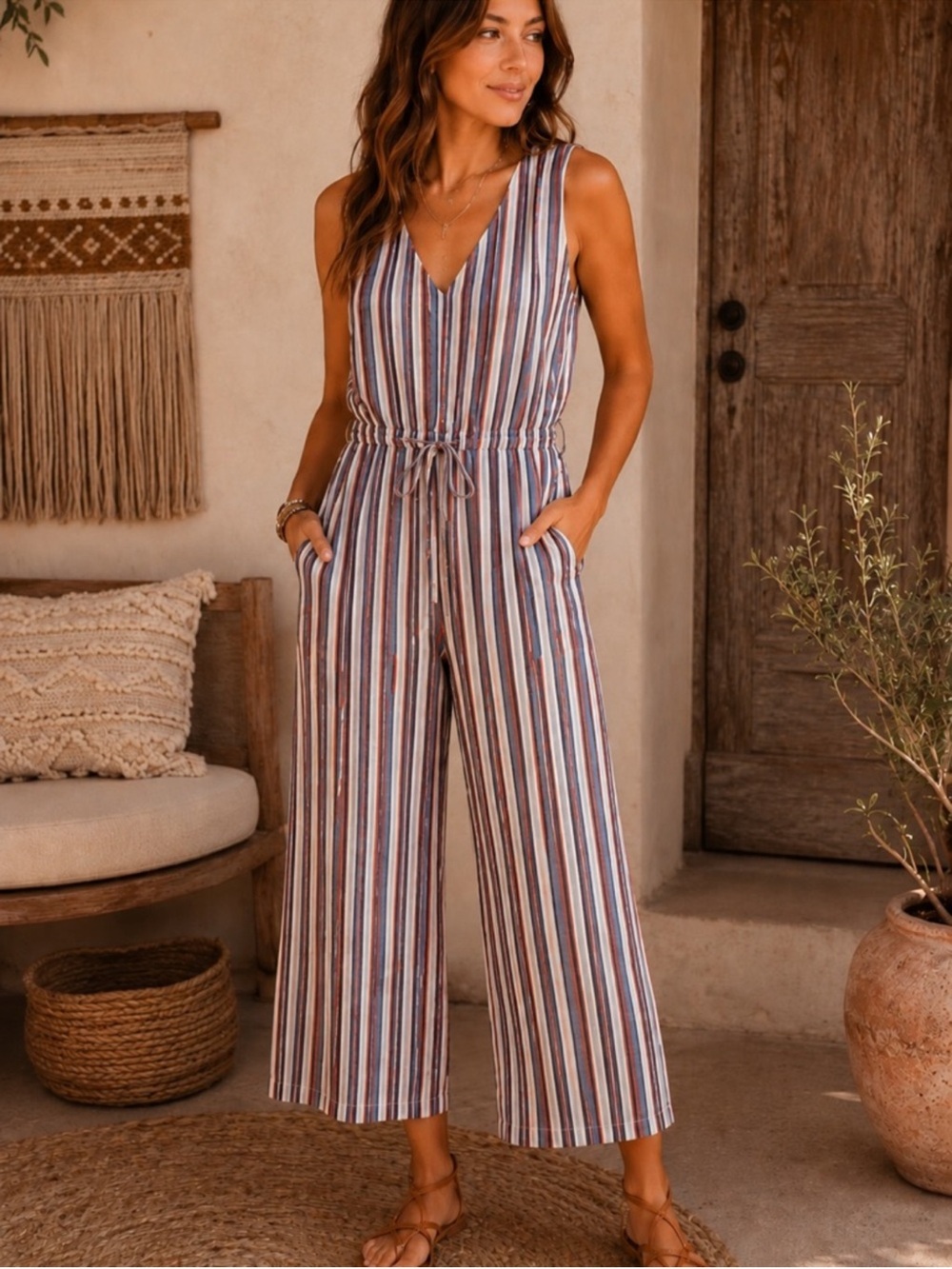DREW‎ Sleeveless Striped V-Neck Wide-Leg Jumpsuit in Blue, Brown & Cream